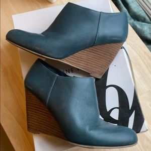 Blue teal leather wedge booties